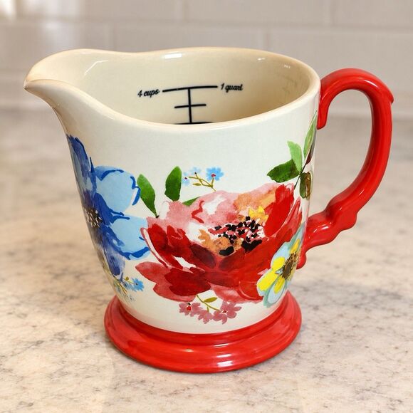 The Pioneer Woman Other - The Pioneer Woman Melody Floral 4 Cup Stoneware Measuring Pitcher Red Handle 1QT
